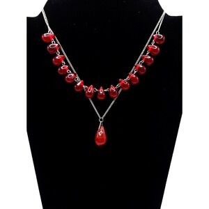 Red Glass Teardrop Necklace 15-20in Layered